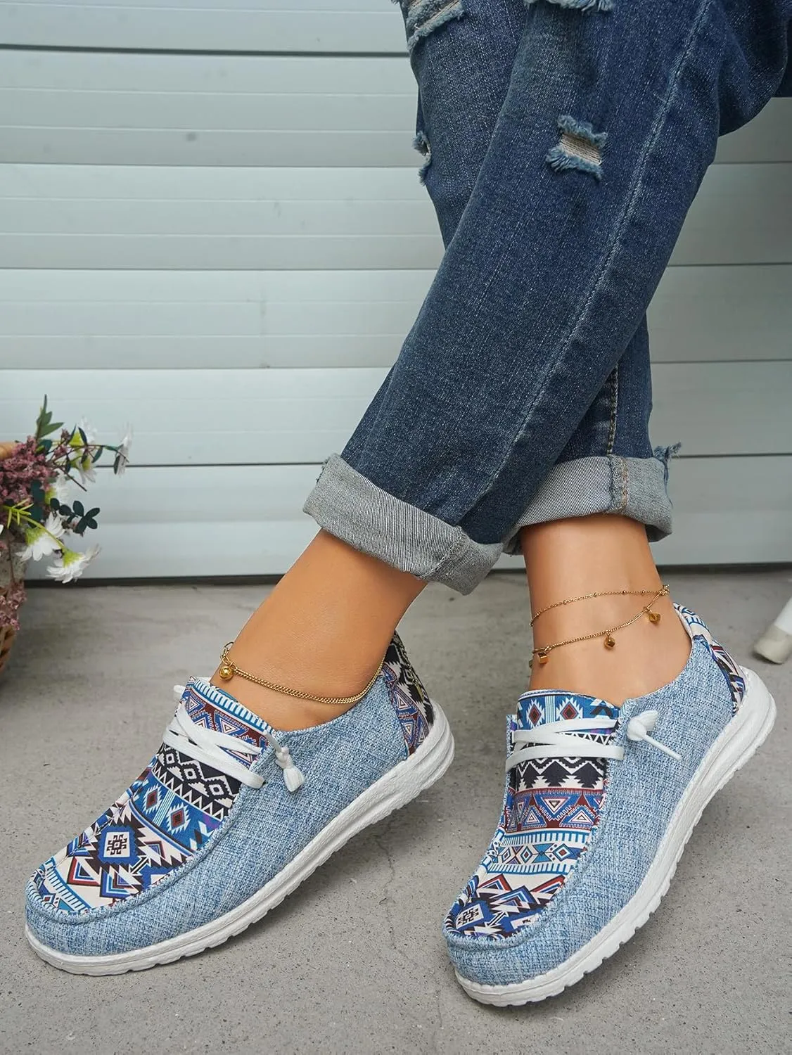 Unisex Adults/Teenagers Ethnic Aztec Print Pattern Canvas Loafers Wide Width Lace-up Slip-on Sneakers Comfort Ultralight Breathable Walking/Driving/Work/Daily Shoes for Women/Men, Blue/Brown/Rose-Red