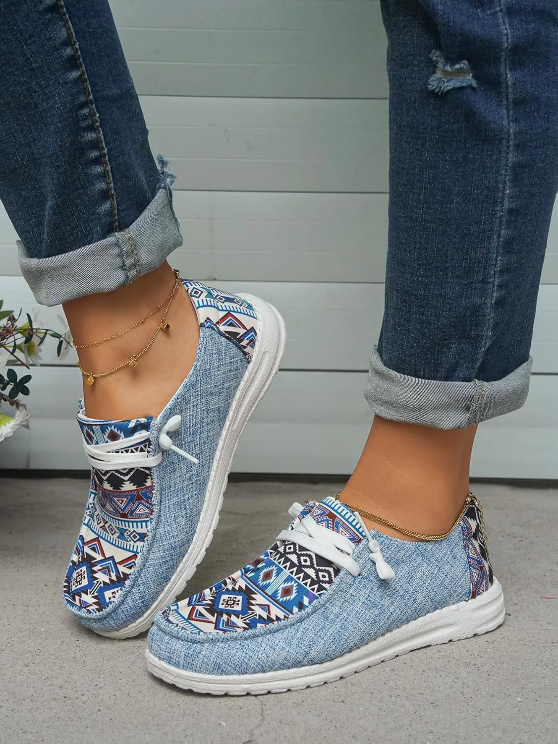Unisex Adults/Teenagers Ethnic Aztec Print Pattern Canvas Loafers Wide Width Lace-up Slip-on Sneakers Comfort Ultralight Breathable Walking/Driving/Work/Daily Shoes for Women/Men, Blue/Brown/Rose-Red