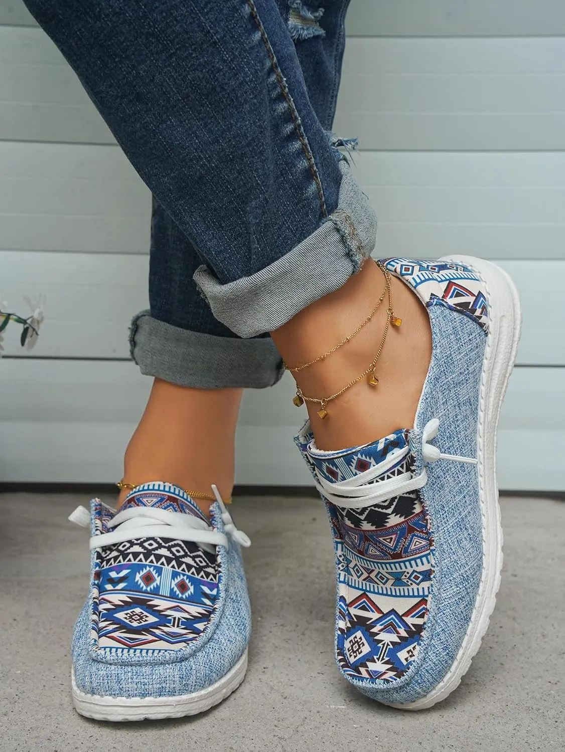 Unisex Adults/Teenagers Ethnic Aztec Print Pattern Canvas Loafers Wide Width Lace-up Slip-on Sneakers Comfort Ultralight Breathable Walking/Driving/Work/Daily Shoes for Women/Men, Blue/Brown/Rose-Red