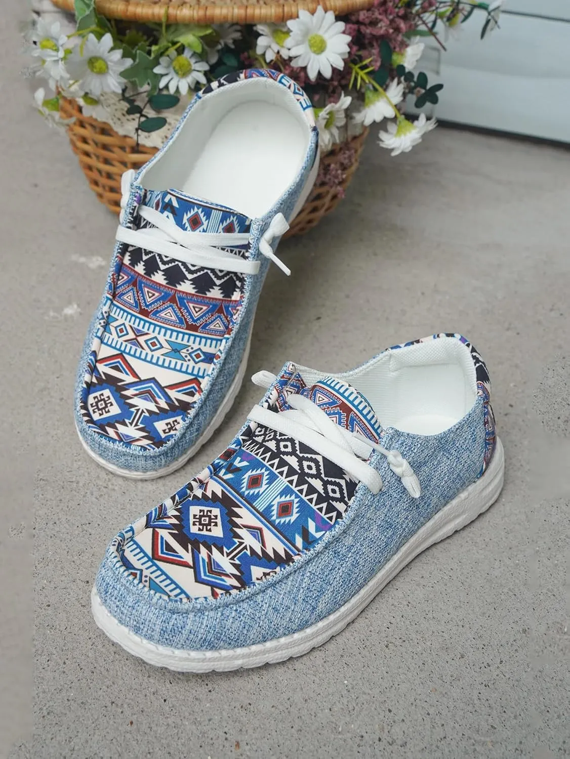Unisex Adults/Teenagers Ethnic Aztec Print Pattern Canvas Loafers Wide Width Lace-up Slip-on Sneakers Comfort Ultralight Breathable Walking/Driving/Work/Daily Shoes for Women/Men, Blue/Brown/Rose-Red