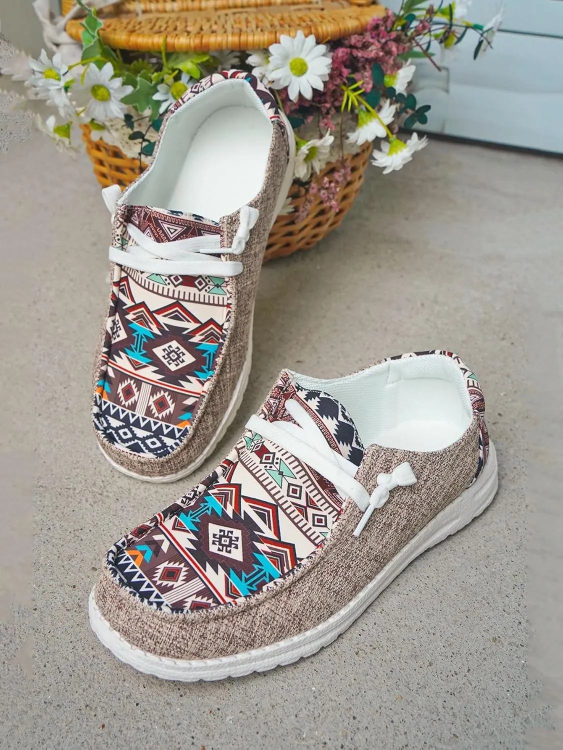 Unisex Adults/Teenagers Ethnic Aztec Print Pattern Canvas Loafers Wide Width Lace-up Slip-on Sneakers Comfort Ultralight Breathable Walking/Driving/Work/Daily Shoes for Women/Men, Blue/Brown/Rose-Red