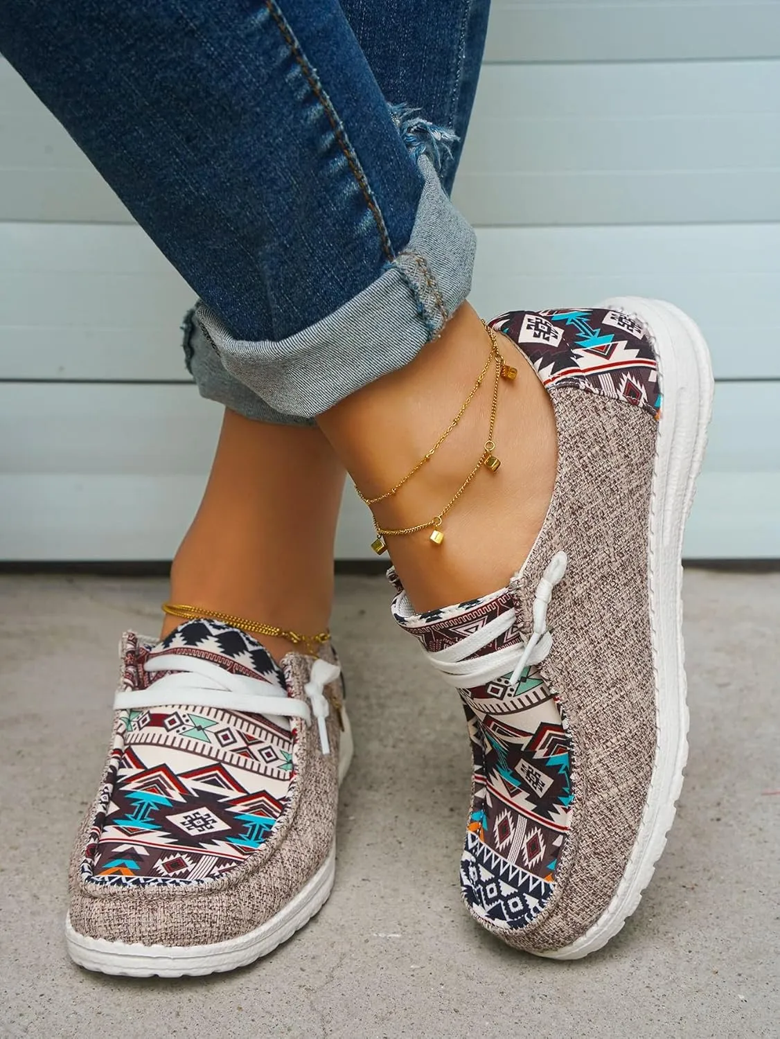 Unisex Adults/Teenagers Ethnic Aztec Print Pattern Canvas Loafers Wide Width Lace-up Slip-on Sneakers Comfort Ultralight Breathable Walking/Driving/Work/Daily Shoes for Women/Men, Blue/Brown/Rose-Red