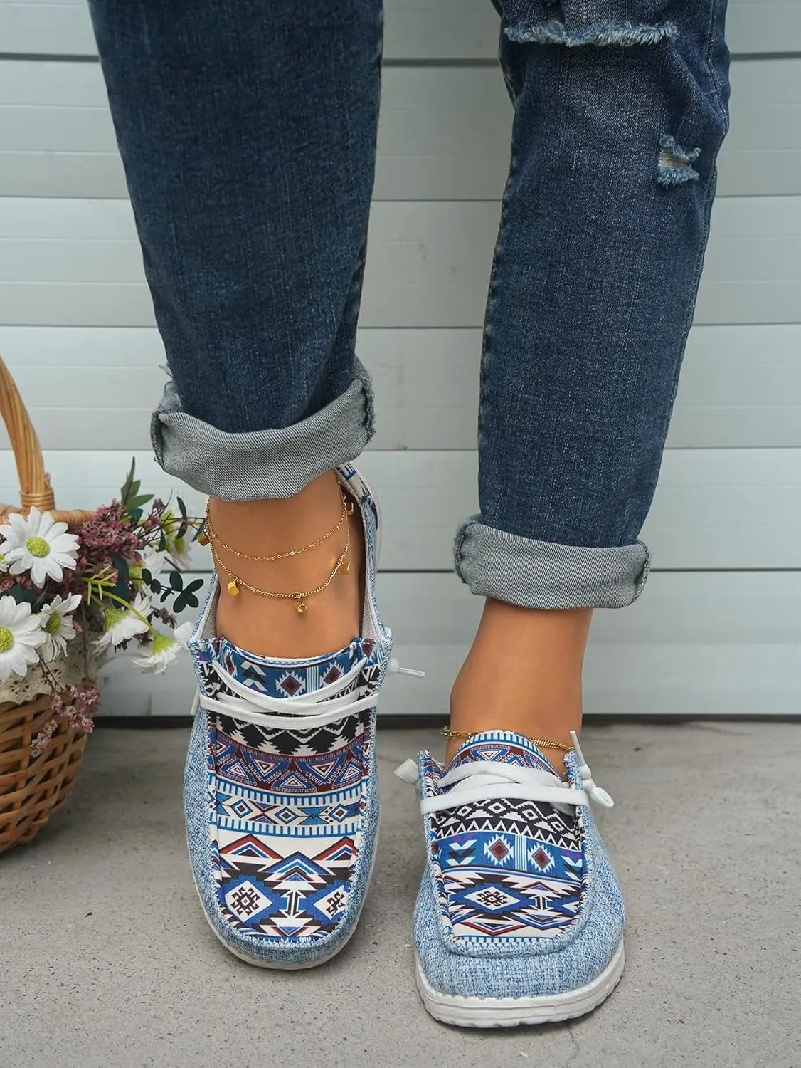 Unisex Adults/Teenagers Ethnic Aztec Print Pattern Canvas Loafers Wide Width Lace-up Slip-on Sneakers Comfort Ultralight Breathable Walking/Driving/Work/Daily Shoes for Women/Men, Blue/Brown/Rose-Red