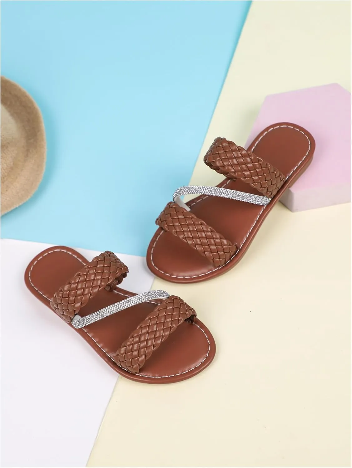 Verdusa Girl's Braided Rhinestone Sandals Boho Woven Two Band Open Toe Slip on Slippers