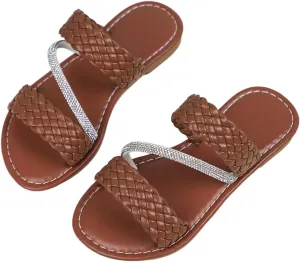 Verdusa Girl's Braided Rhinestone Sandals Boho Woven Two Band Open Toe Slip on Slippers
