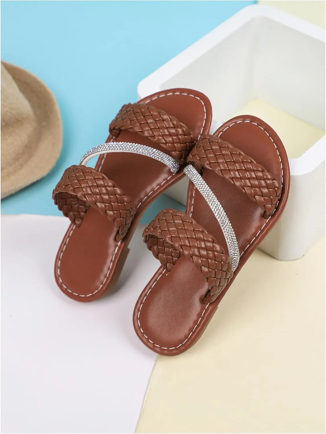 Verdusa Girl's Braided Rhinestone Sandals Boho Woven Two Band Open Toe Slip on Slippers