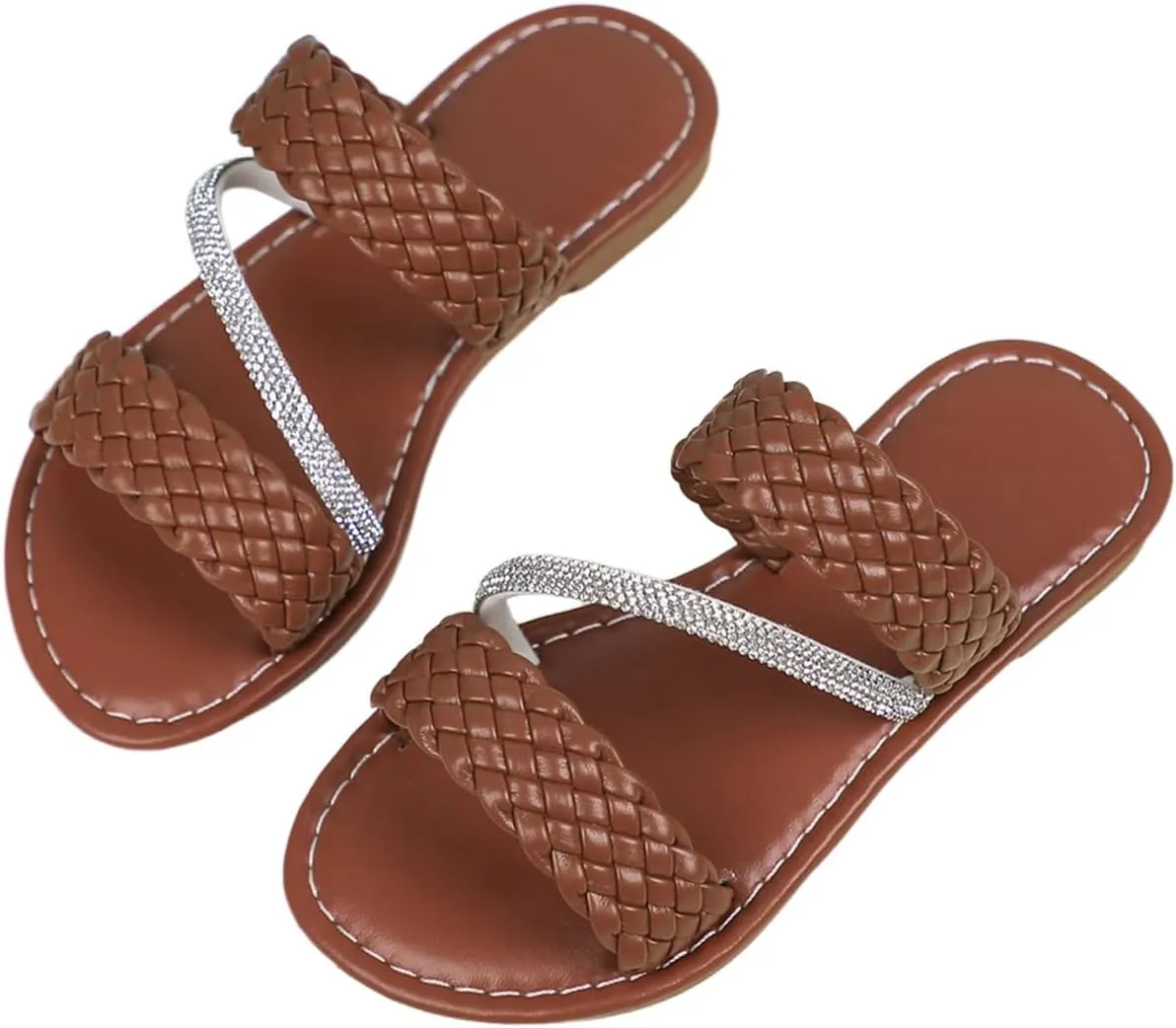 Verdusa Girl's Braided Rhinestone Sandals Boho Woven Two Band Open Toe Slip on Slippers