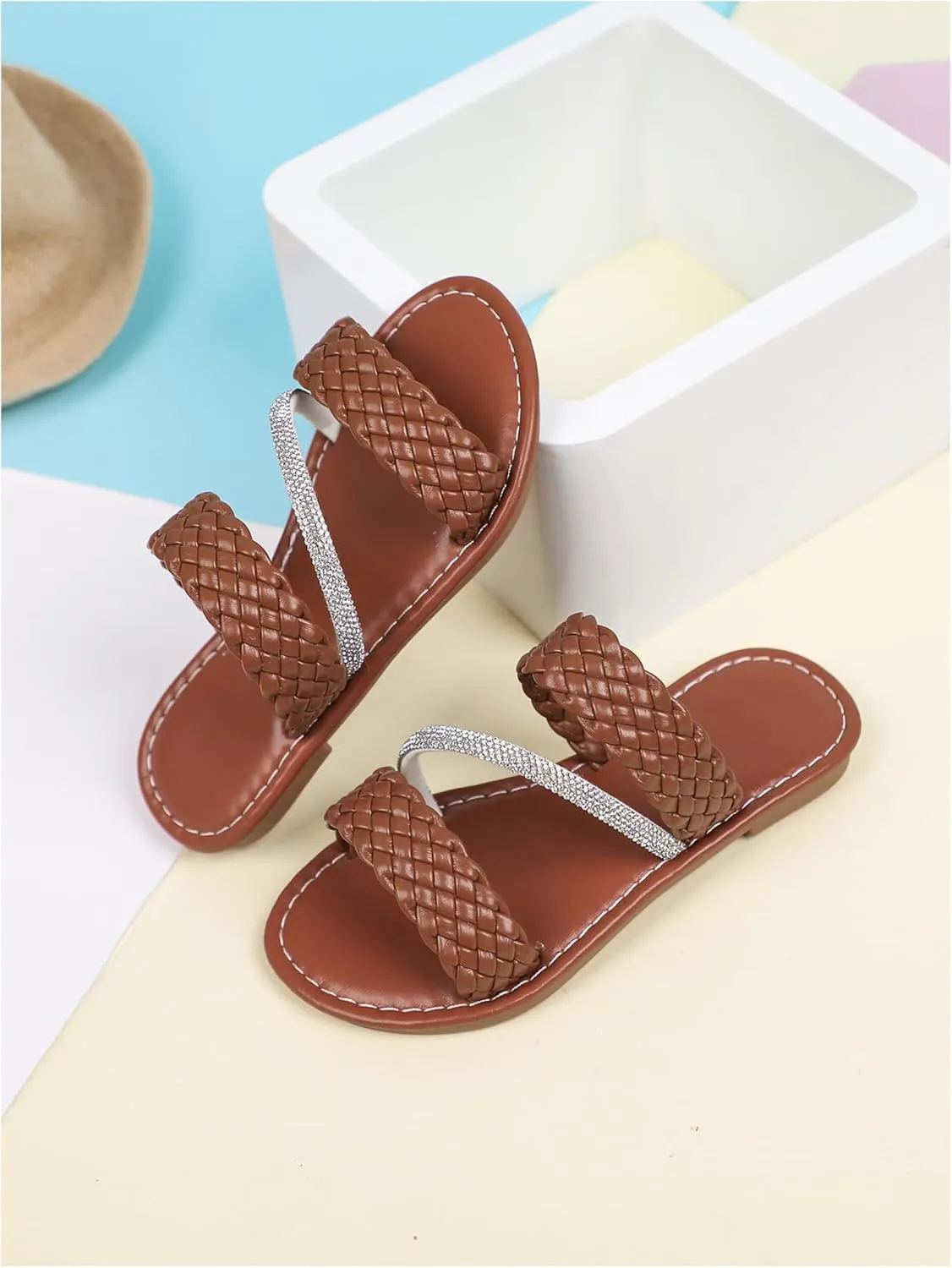 Verdusa Girl's Braided Rhinestone Sandals Boho Woven Two Band Open Toe Slip on Slippers