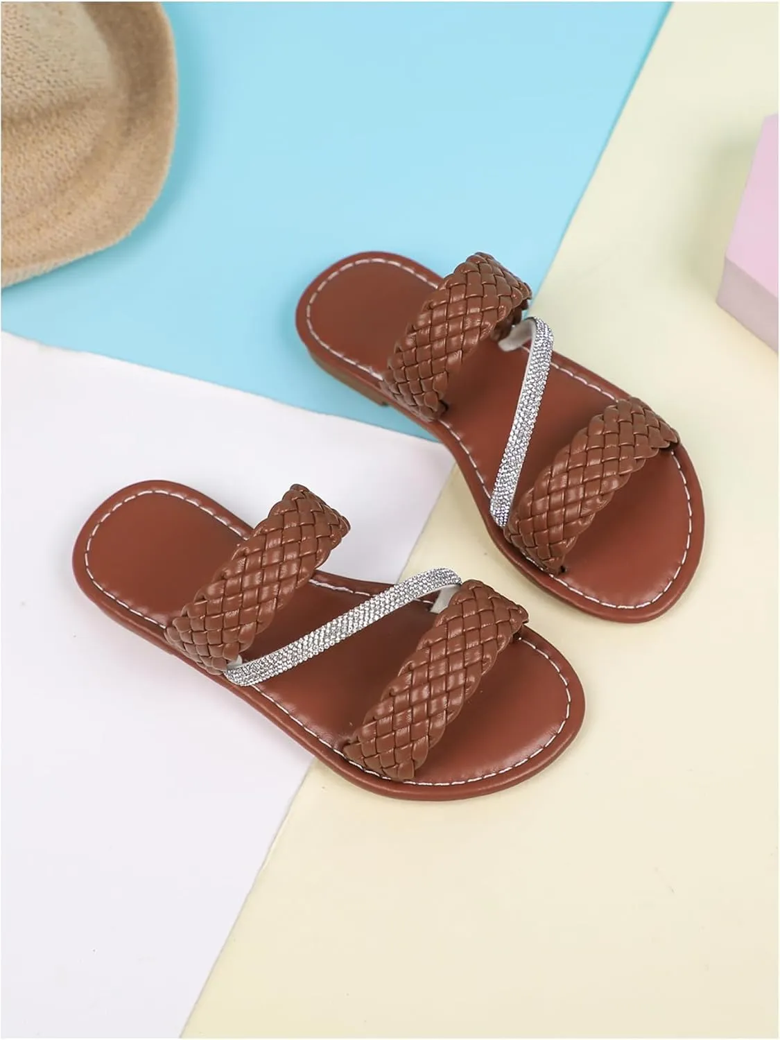 Verdusa Girl's Braided Rhinestone Sandals Boho Woven Two Band Open Toe Slip on Slippers