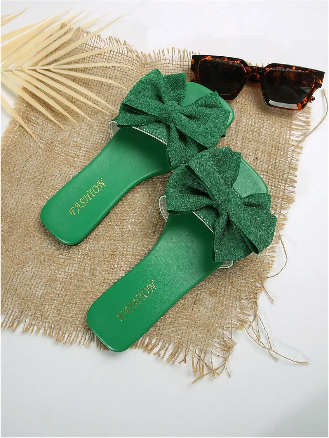 Verdusa Women's Bow Square Toe Flat Sandals Summer Slides Slip On Sandals