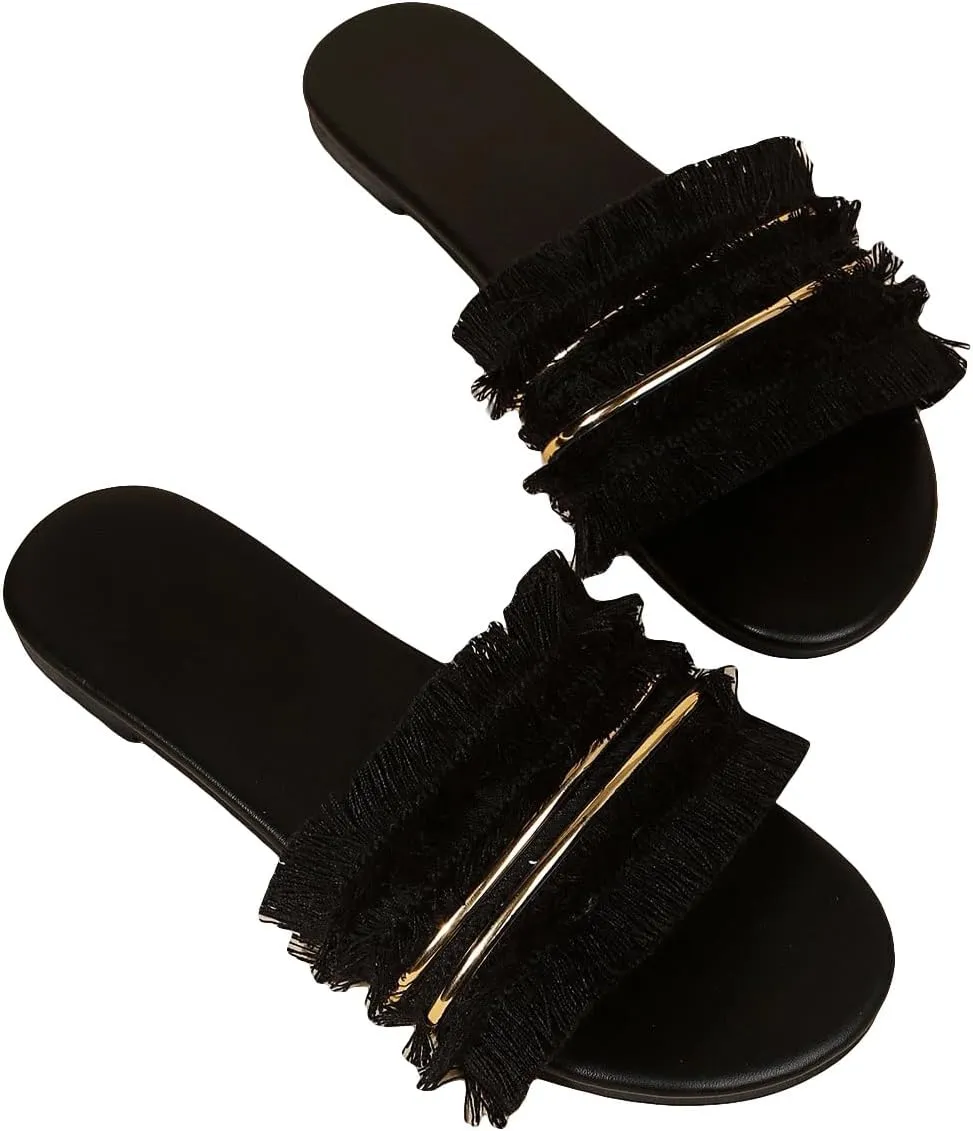 Verdusa Women's Fringe Trim Open Toe Flat Slide Sandals Summer Casual Slip On Sandals