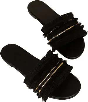 Verdusa Women's Fringe Trim Open Toe Flat Slide Sandals Summer Casual Slip On Sandals