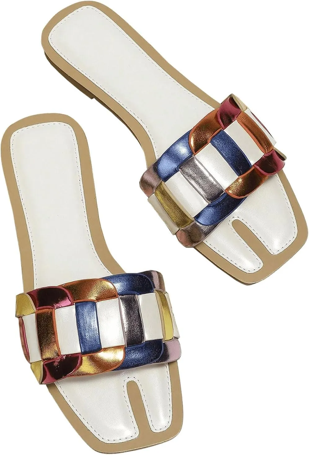 Verdusa Women's Open Toe Color Block Sandals Slip on Metallic Outdoor Slides