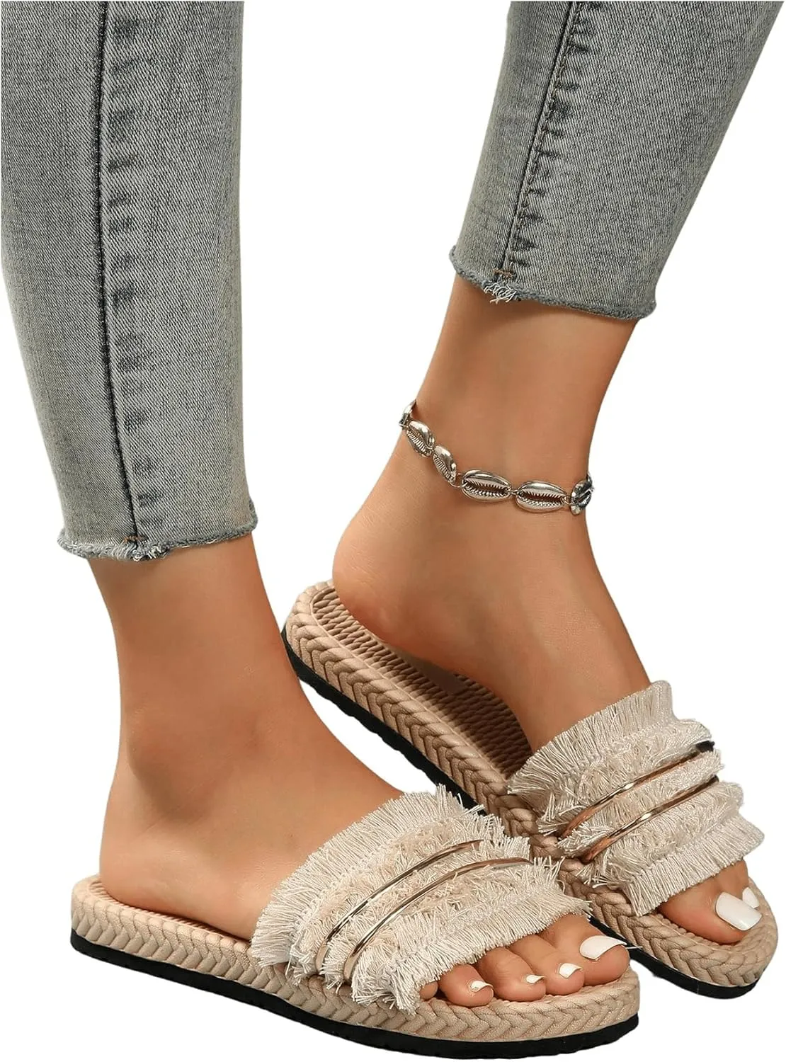 Verdusa Women's Open Toe Fringe Sandals Slip On Outdoor Boho Beach Slides