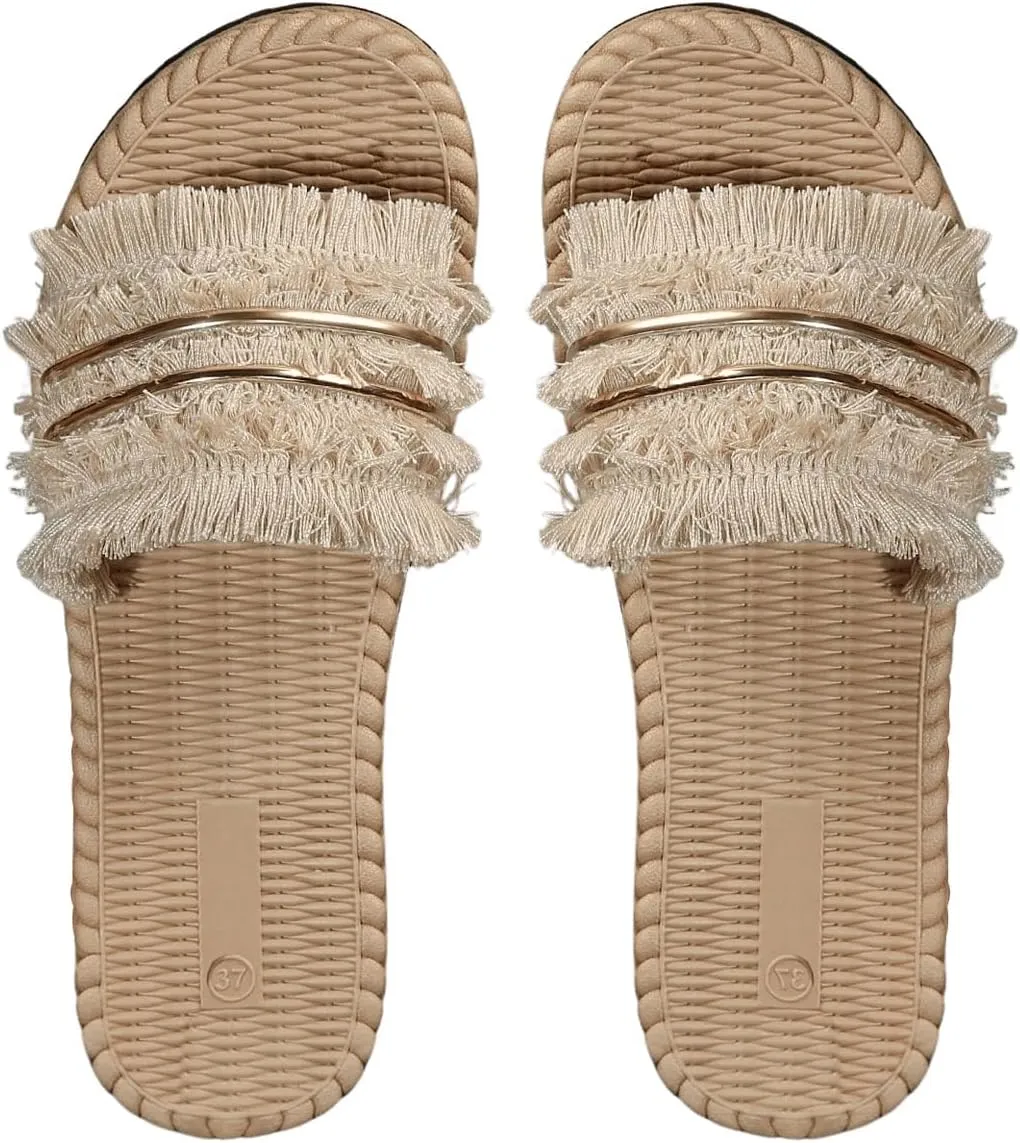 Verdusa Women's Open Toe Fringe Sandals Slip On Outdoor Boho Beach Slides