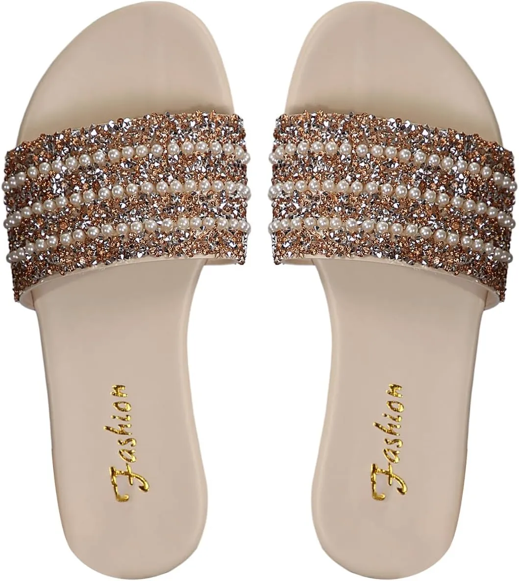 Verdusa Women's Pearls Glitter Rhinestone Sandals Open Toe Slip on Slides Slippers