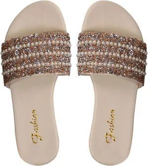 Verdusa Women's Pearls Glitter Rhinestone Sandals Open Toe Slip on Slides Slippers