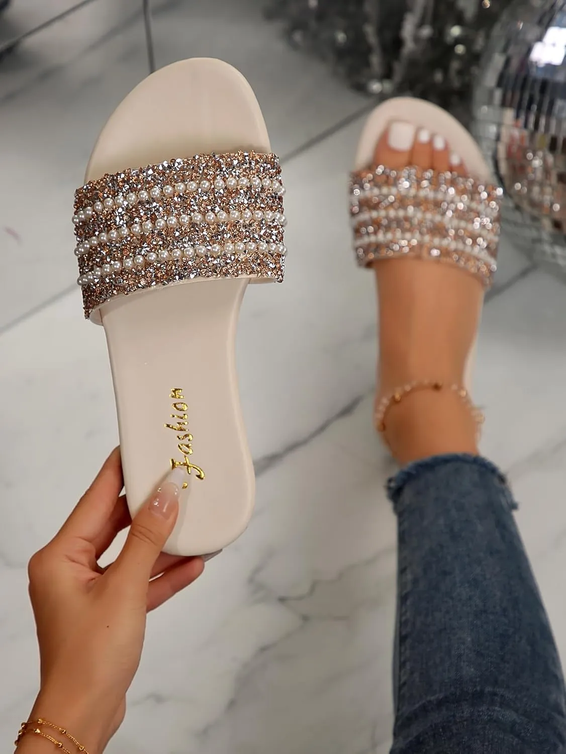 Verdusa Women's Pearls Glitter Rhinestone Sandals Open Toe Slip on Slides Slippers