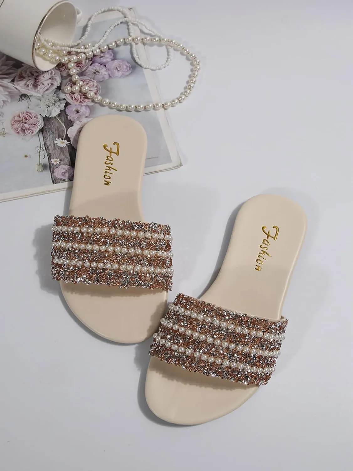 Verdusa Women's Pearls Glitter Rhinestone Sandals Open Toe Slip on Slides Slippers