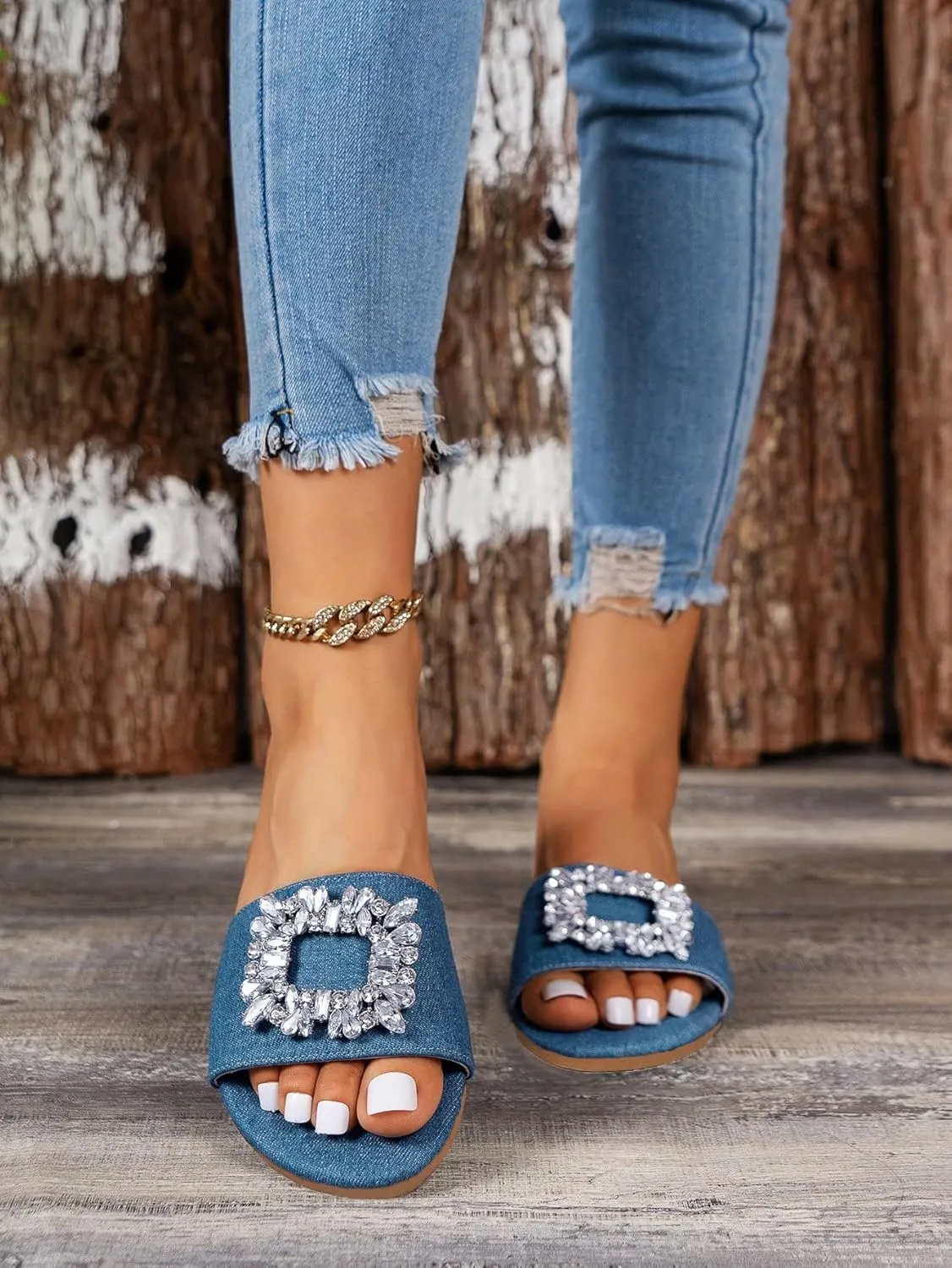 Verdusa Women's Rhinestone Denim Sandals Casual Open Toe Slip On Slides