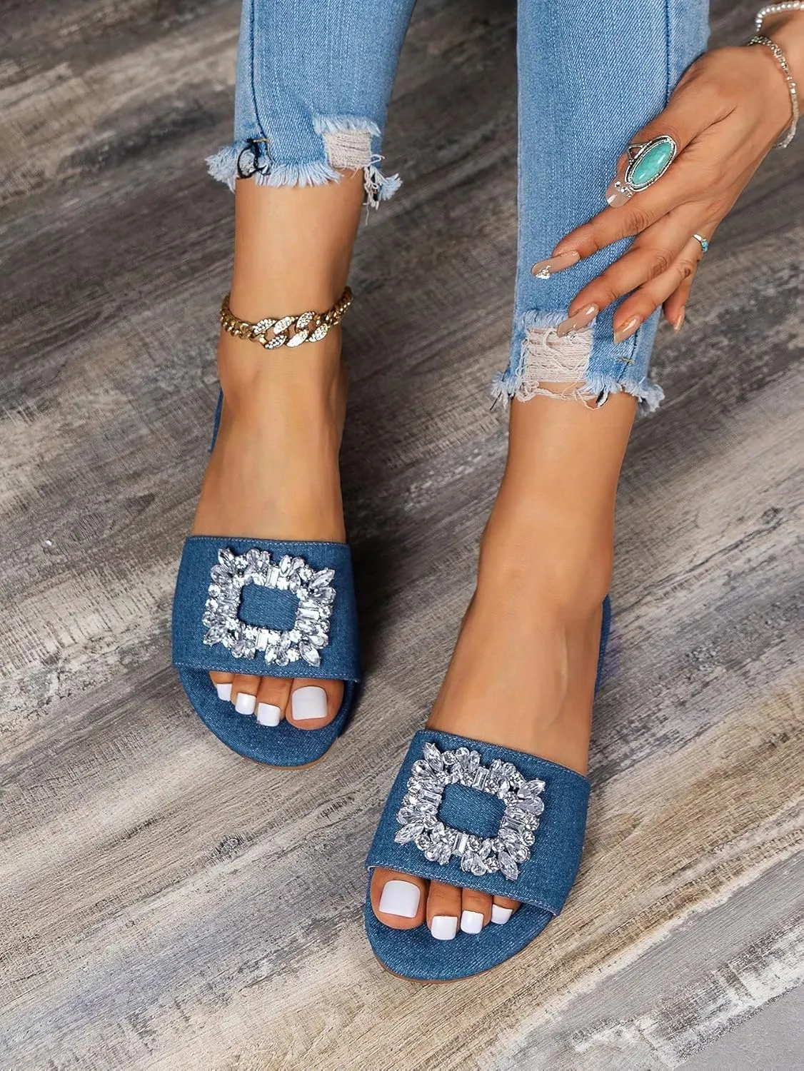Verdusa Women's Rhinestone Denim Sandals Casual Open Toe Slip On Slides