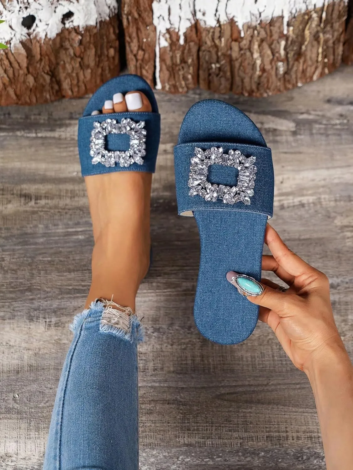 Verdusa Women's Rhinestone Denim Sandals Casual Open Toe Slip On Slides