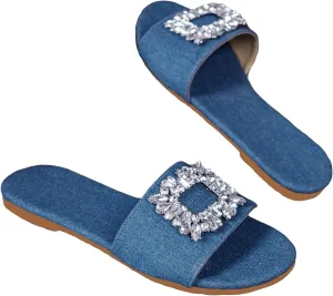 Verdusa Women's Rhinestone Denim Sandals Casual Open Toe Slip On Slides