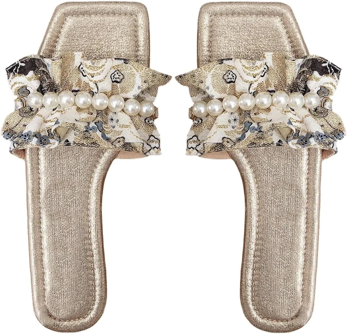 Verdusa Women's Ruffle Pearl Sandals Square Toe Slip on Slides Summer Slippers