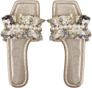 Verdusa Women's Ruffle Pearl Sandals Square Toe Slip on Slides Summer Slippers
