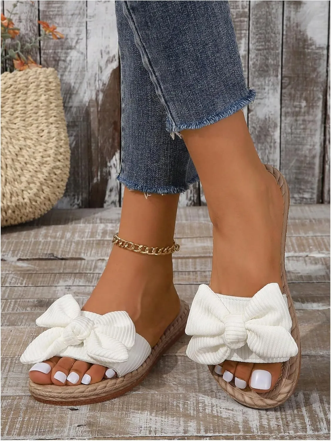 Verdusa Women's Summer Sandals Bow Open Toe Slides Slip On Flats