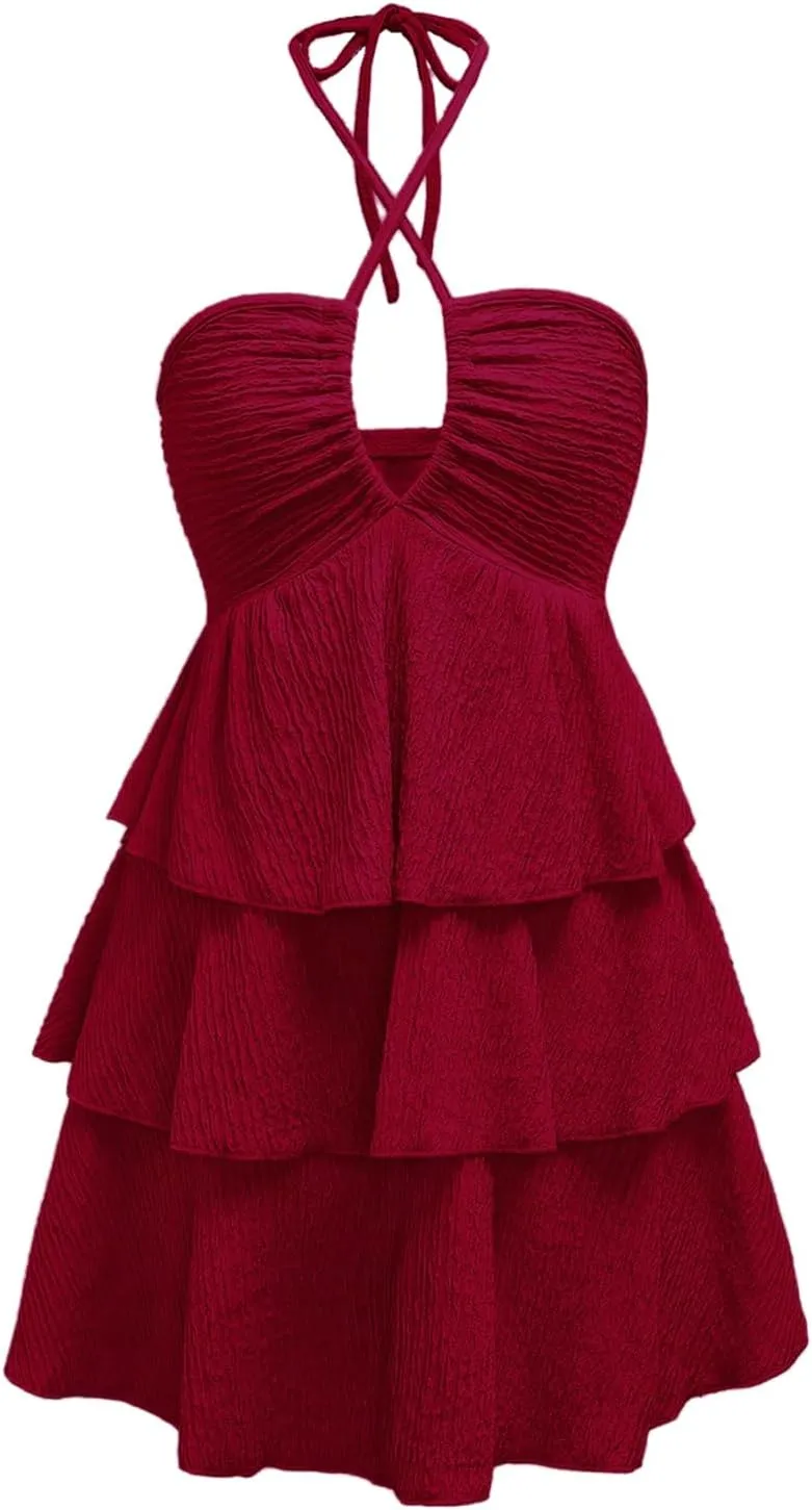 Verdusa Women's Wedding Guest Prom Halter Dress Tiered Layered Textured Backless Flowy Short Summer Dress