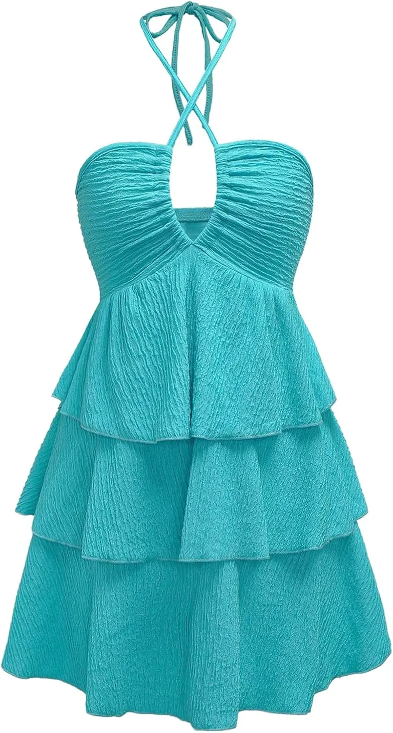 Verdusa Women's Wedding Guest Prom Halter Dress Tiered Layered Textured Backless Flowy Short Summer Dress