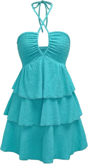 Verdusa Women's Wedding Guest Prom Halter Dress Tiered Layered Textured Backless Flowy Short Summer Dress