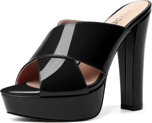 WAYDERNS Womens Slip On Patent Peep Toe Dating Fashion Block High Heel Platforms Sandals 5 Inch