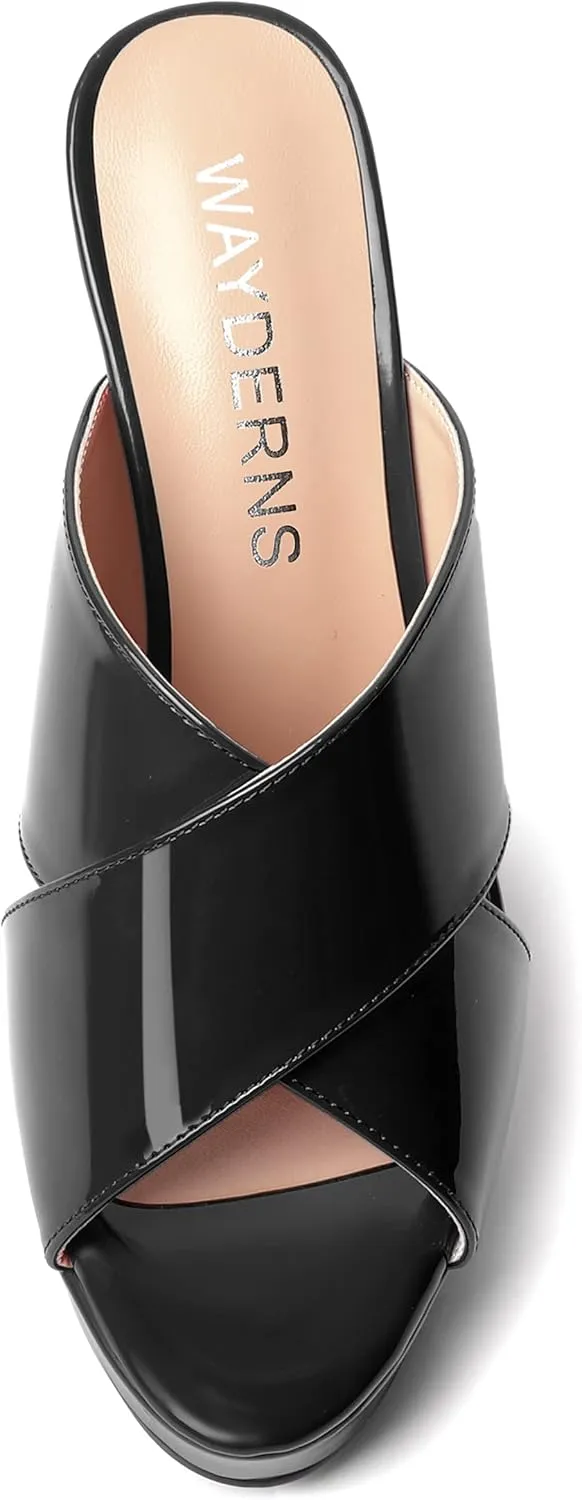 WAYDERNS Womens Slip On Patent Peep Toe Dating Fashion Block High Heel Platforms Sandals 5 Inch