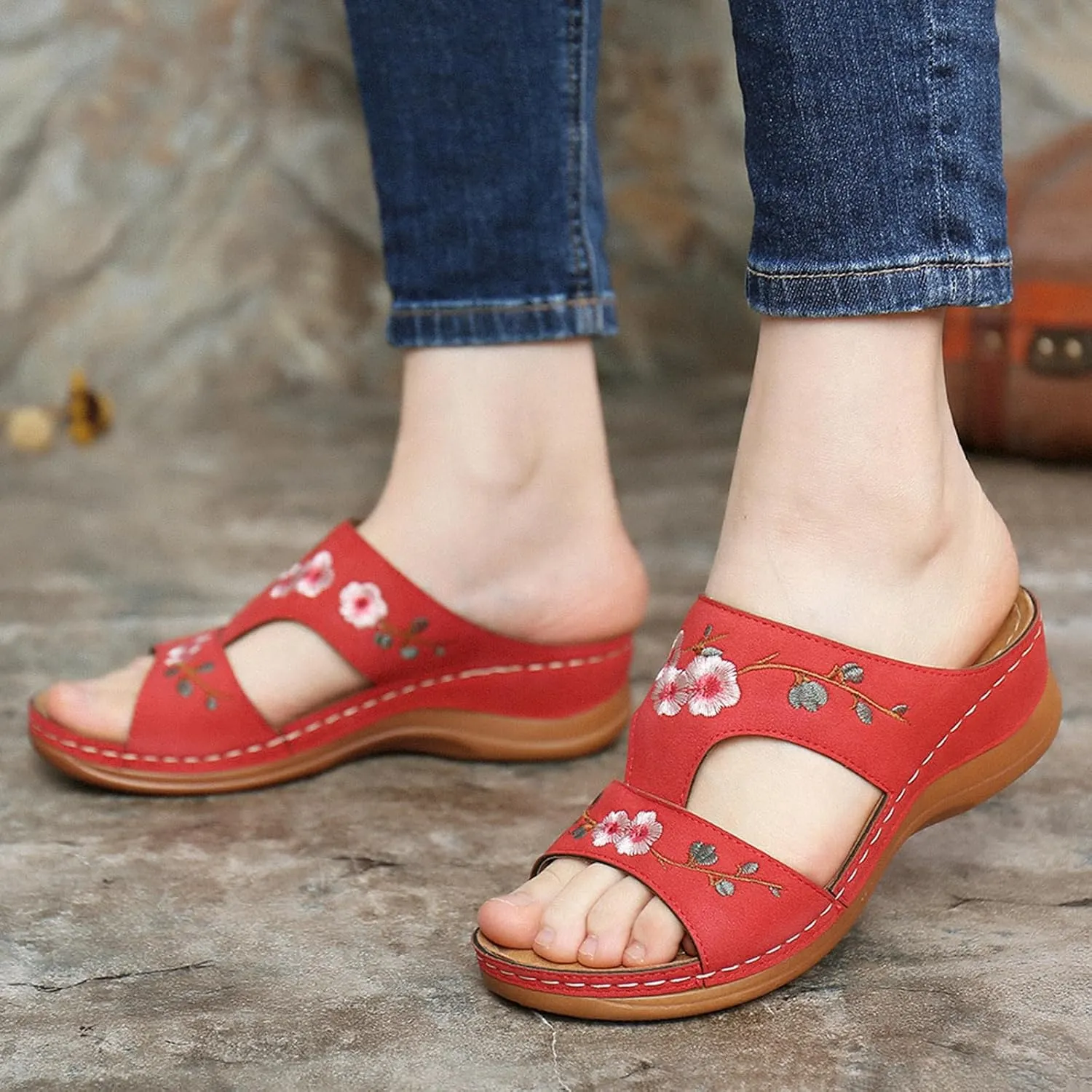 Wedge Sandals for Women Open Toe Hollow Out Slip On Platform Comfortable Flower Summer Casual Walking Shoes Slippers Arch Support Slides Wide Width Beach Breathable Sandal Flip Flops Flat