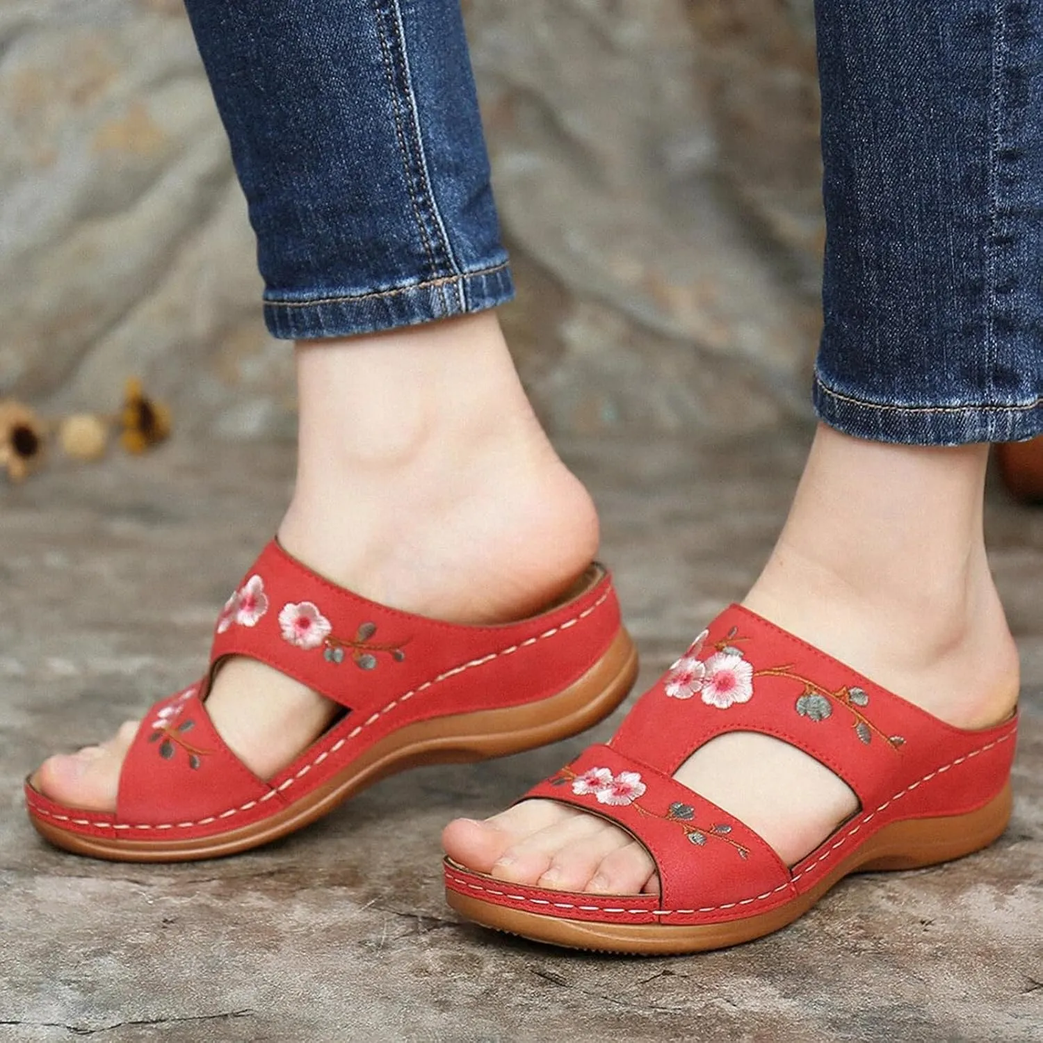 Wedge Sandals for Women Open Toe Hollow Out Slip On Platform Comfortable Flower Summer Casual Walking Shoes Slippers Arch Support Slides Wide Width Beach Breathable Sandal Flip Flops Flat