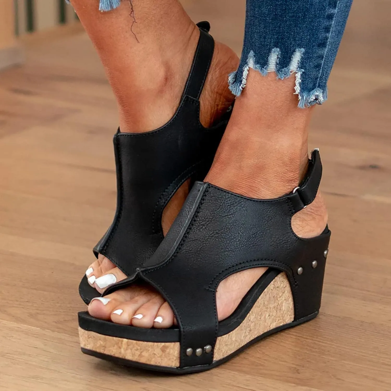 Wedge Sandals for Womens Open Toe Buckle Ankle Strap Dressy Espadrilles Shoes Orthopedic Slip on Side Hollow Out Casual Platform Arch Support Fashion Summer Dress Sandals
