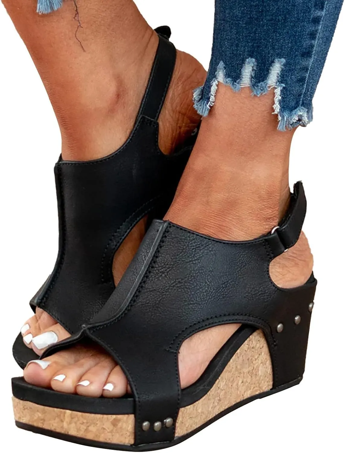 Wedge Sandals for Womens Open Toe Buckle Ankle Strap Dressy Espadrilles Shoes Orthopedic Slip on Side Hollow Out Casual Platform Arch Support Fashion Summer Dress Sandals