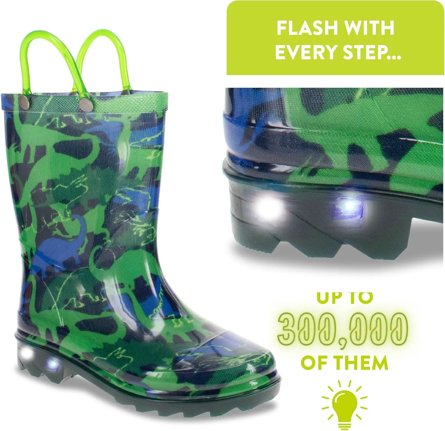 Western Chief Kids Waterproof Light Up Rain Boots With Handles for Easy On and Off for Boys and Girls