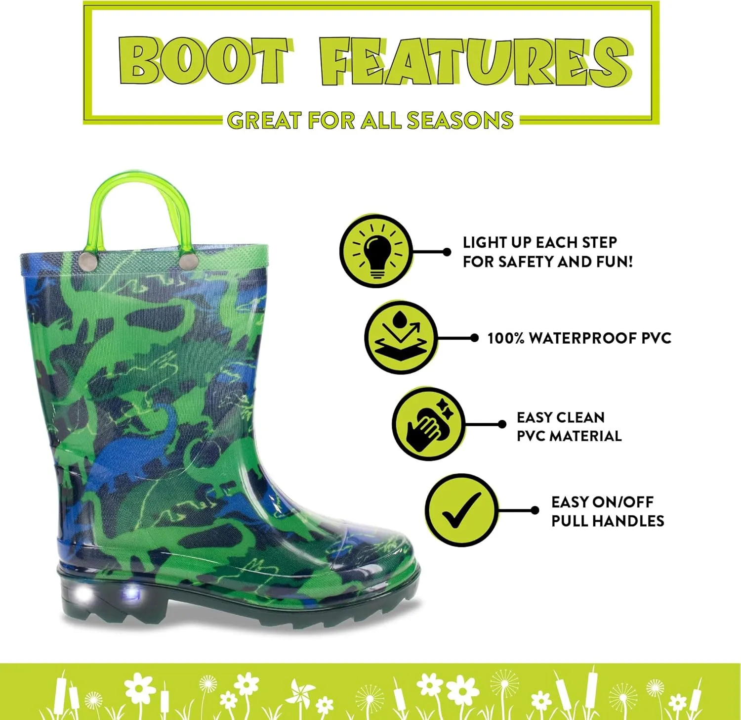 Western Chief Kids Waterproof Light Up Rain Boots With Handles for Easy On and Off for Boys and Girls