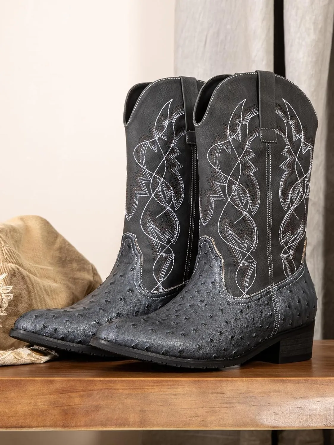 Western cowboy boots, ostrich leather, embroidered design, brown, mid-calf, men's antique ostrich embossed exotic western boots round head.