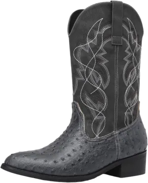Western cowboy boots, ostrich leather, embroidered design, brown, mid-calf, men's antique ostrich embossed exotic western boots round head.