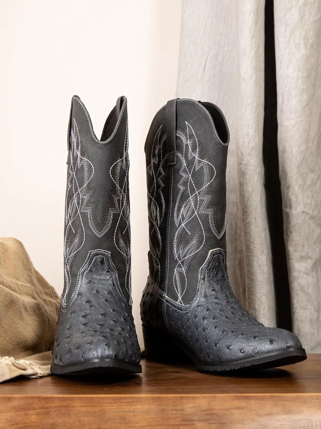 Western cowboy boots, ostrich leather, embroidered design, brown, mid-calf, men's antique ostrich embossed exotic western boots round head.