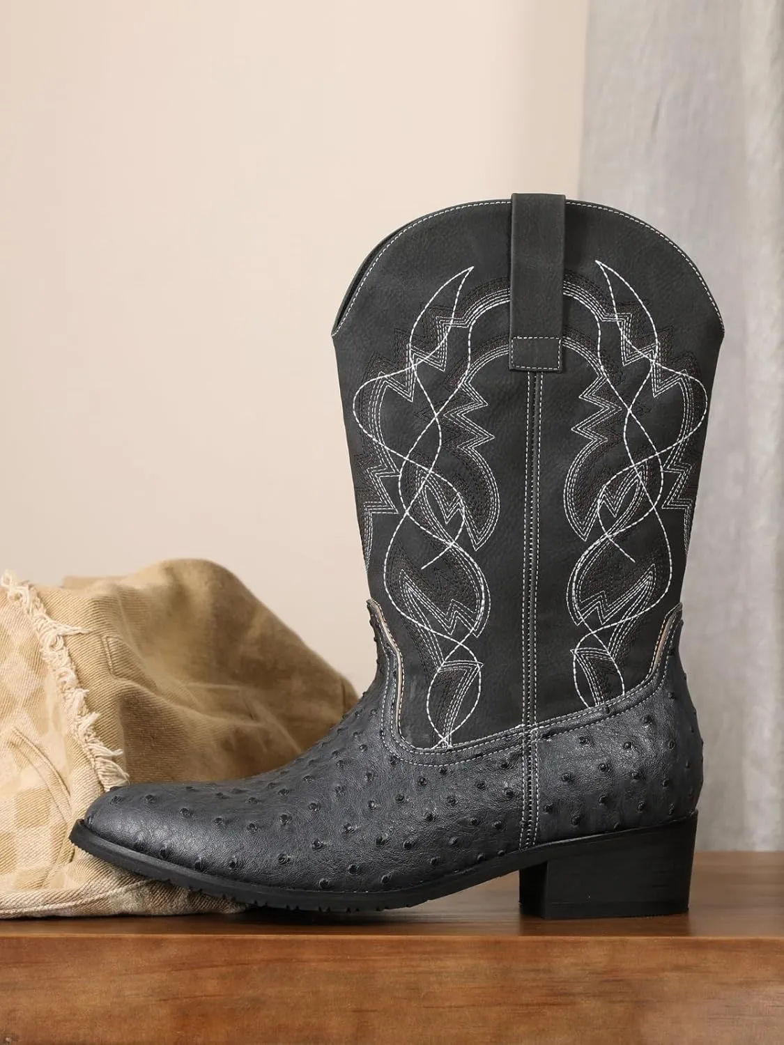 Western cowboy boots, ostrich leather, embroidered design, brown, mid-calf, men's antique ostrich embossed exotic western boots round head.