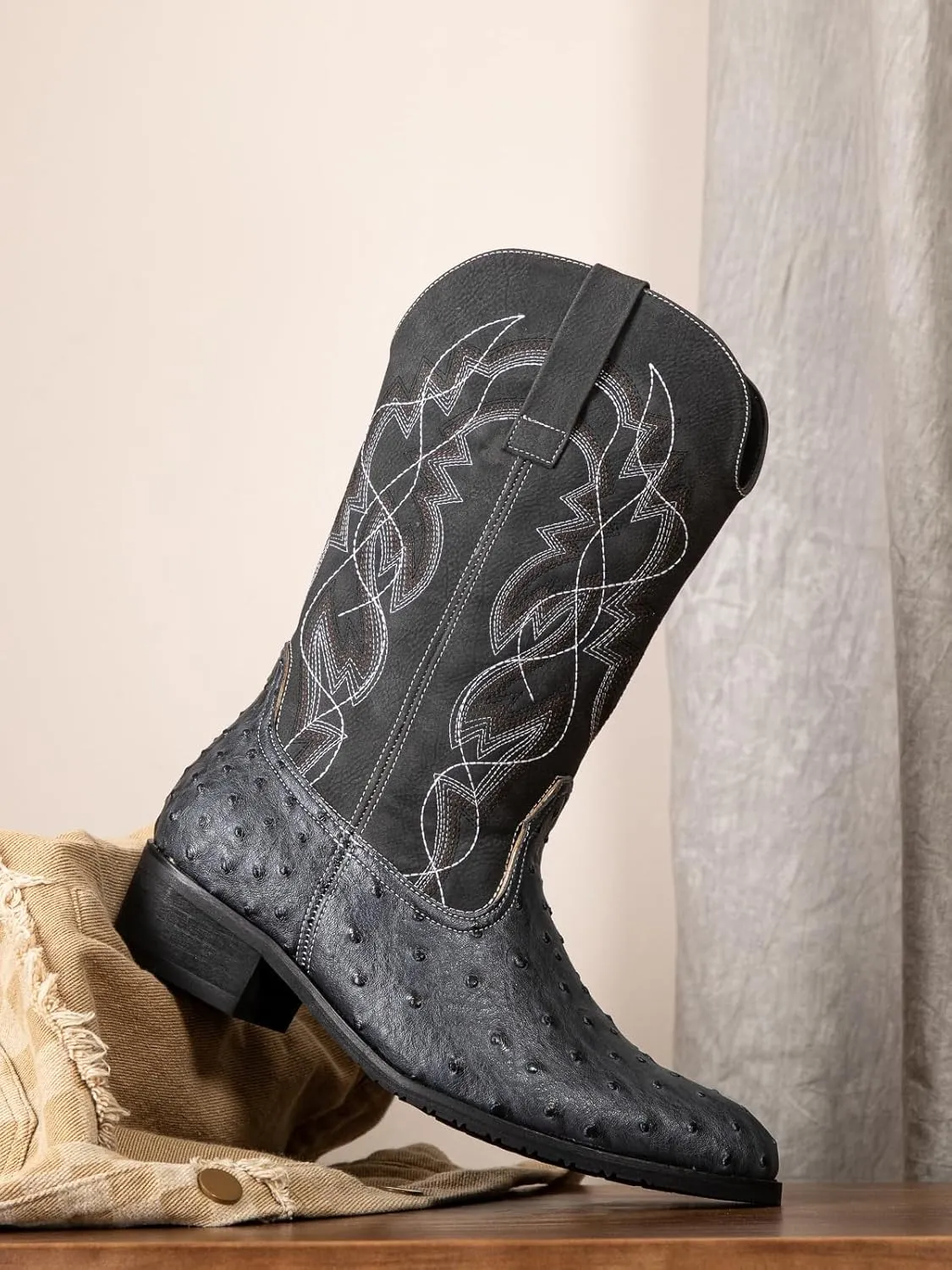 Western cowboy boots, ostrich leather, embroidered design, brown, mid-calf, men's antique ostrich embossed exotic western boots round head.