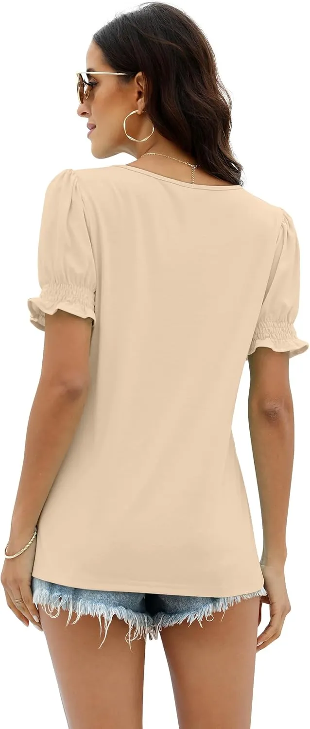 WIHOLL Tops for Women Summer Casual Ruffle Trim Sleeve Square Neck T Shirts
