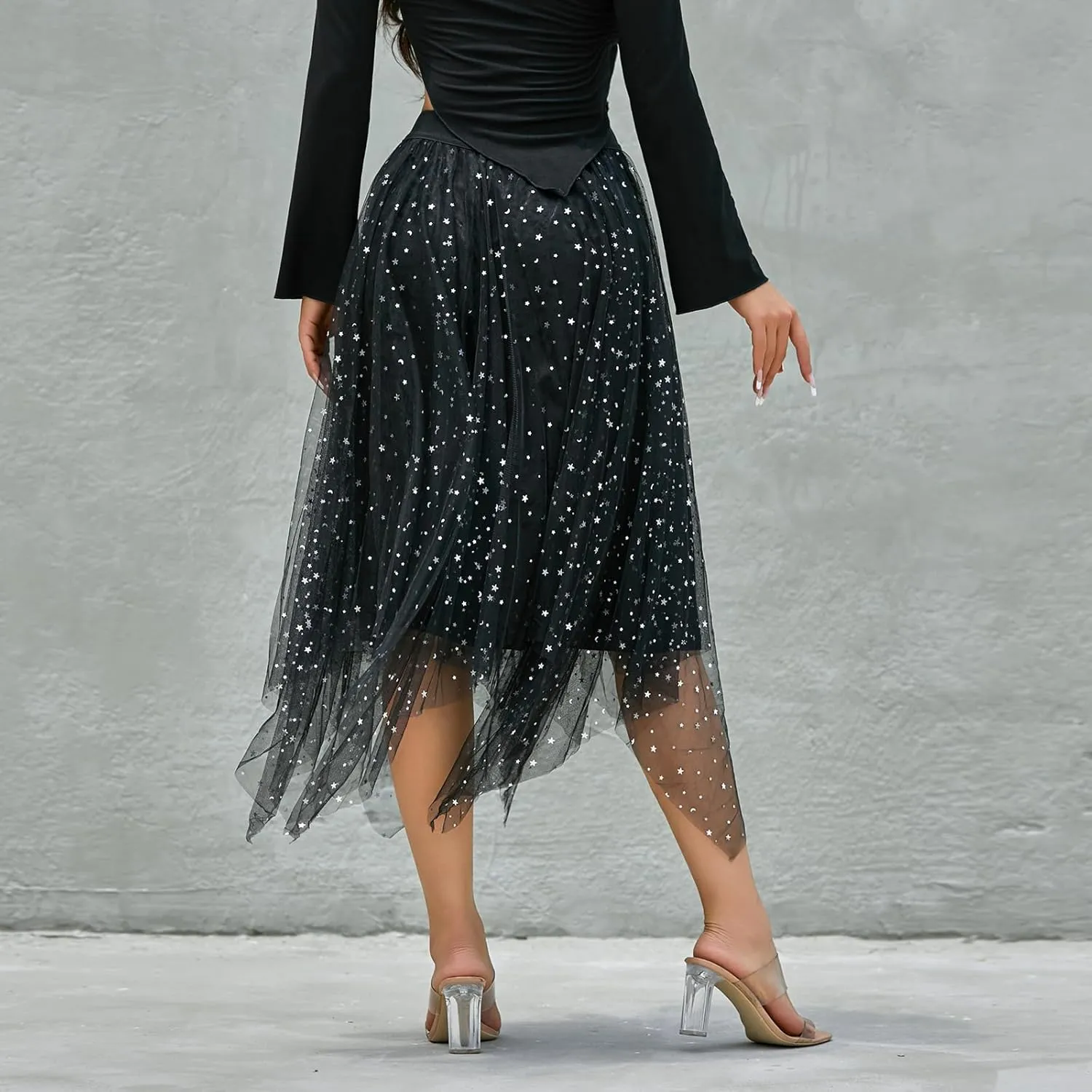 Women A Line Tulle Skirts High Waist Irregular Ruffle Layered Fashion Midi Skirt Party Evening Mesh Long Skirt