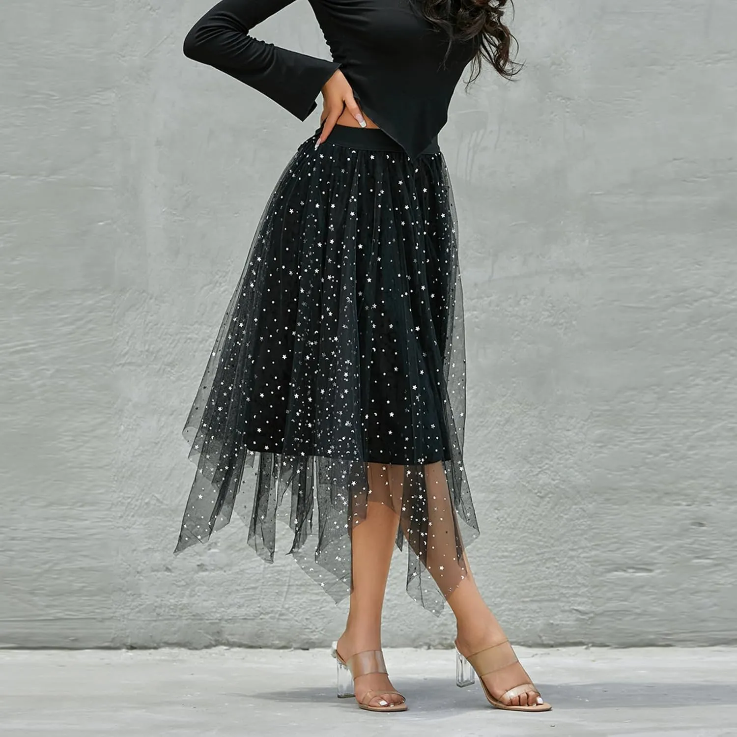 Women A Line Tulle Skirts High Waist Irregular Ruffle Layered Fashion Midi Skirt Party Evening Mesh Long Skirt