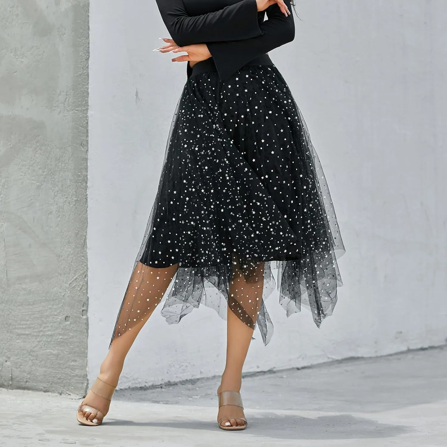 Women A Line Tulle Skirts High Waist Irregular Ruffle Layered Fashion Midi Skirt Party Evening Mesh Long Skirt